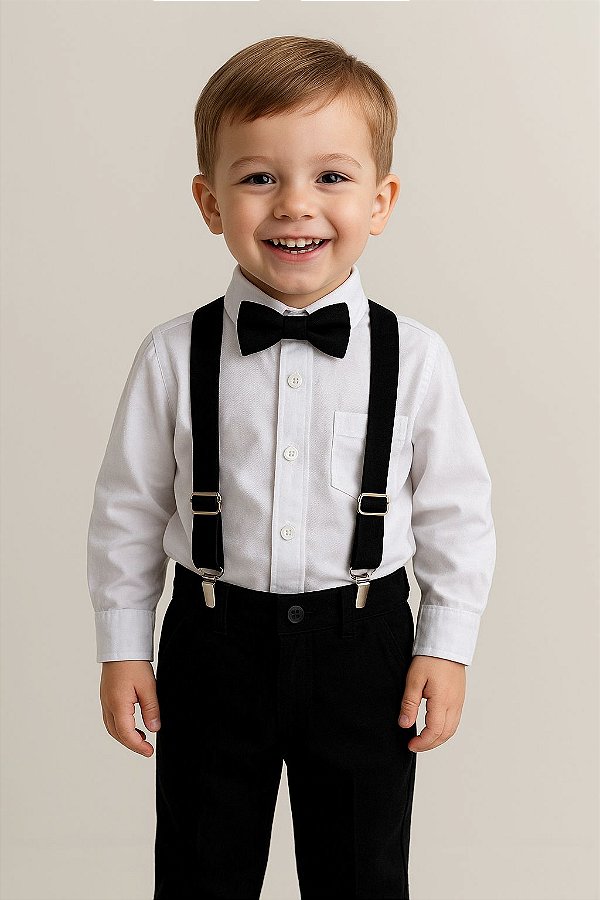 Conjunto Social Infantil Branco com Preto Longo no Linho