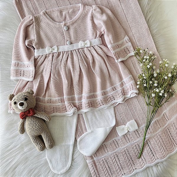 Saída de Maternidade de Tricô Sofia Rosa com Branco