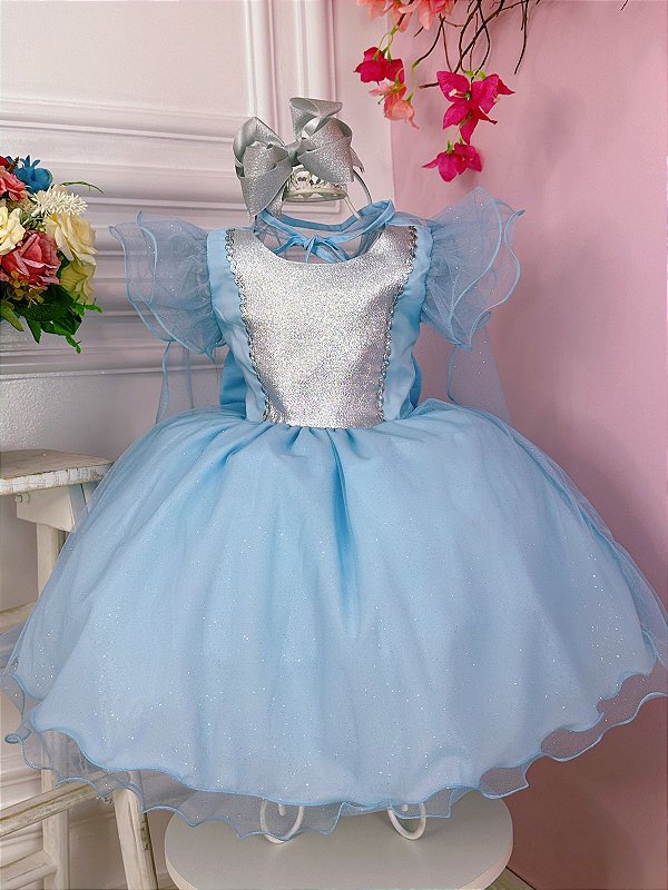 Vestido Infantil Azul Glitter temas Frozen e Cinderela