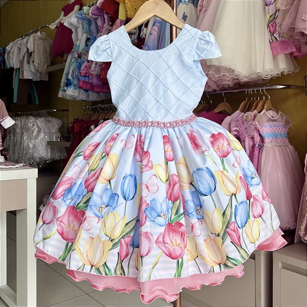 Vestido Infantil Azul Tulipas