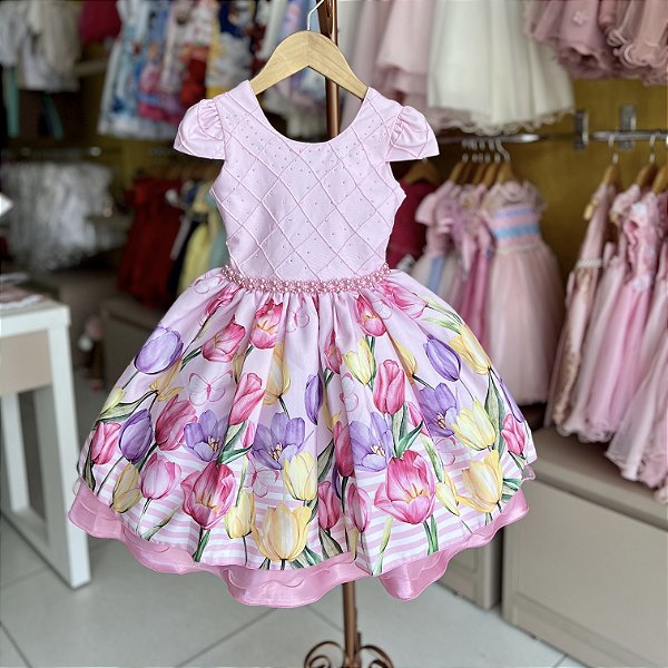 Vestido Infantil Rosa Tulipas