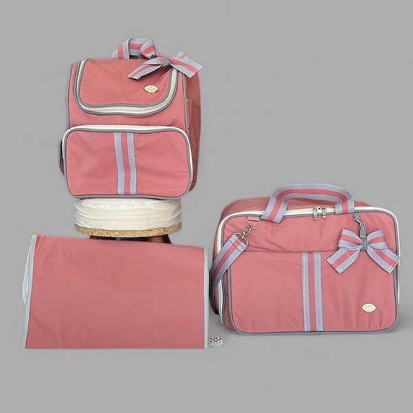 Kit Bolsa Maternidade Luz Goiaba com fitas Listras Cinza