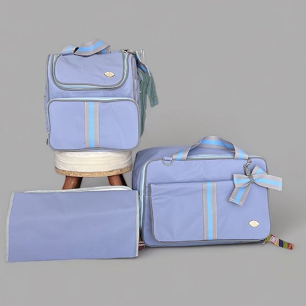 Kit Bolsa Maternidade Luz Azul Bebê com fitas Listras Cinza