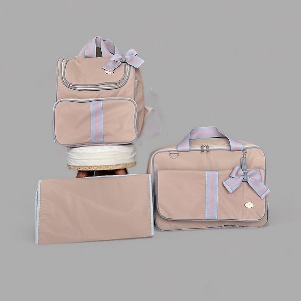 Kit Bolsa Maternidade Luz Rose com fitas Listras Cinza