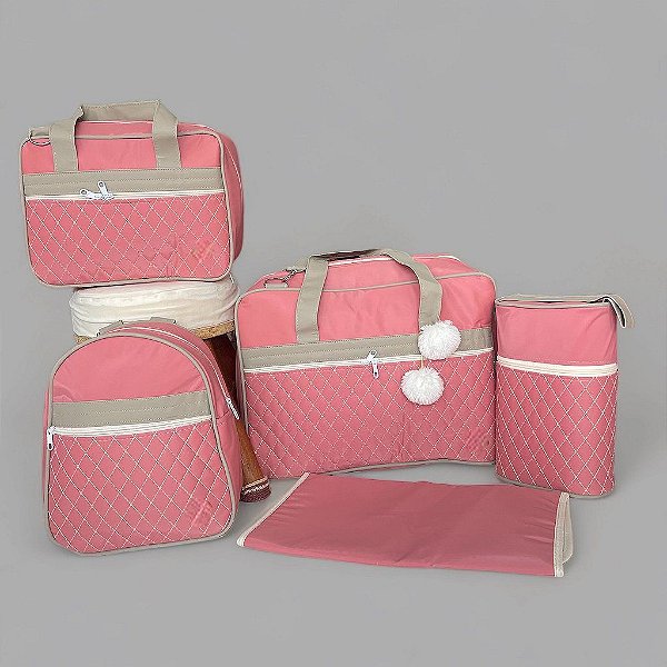 Kit Bolsa Maternidade Luxo 5 peças Goiaba Pompom