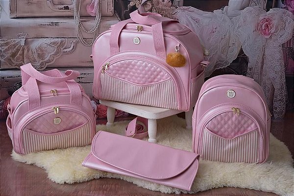 Kit Bolsa Maternidade 4 Peças Tye Listras Luxo Rosa