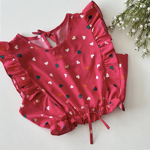 Blusa crepinho Curta Coração Pink