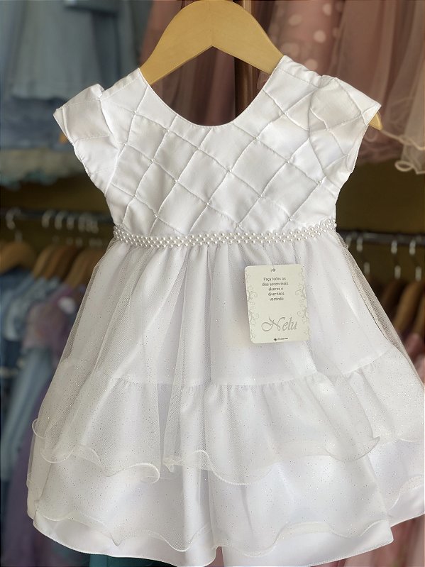 Vestido Infantil  Branco Batizado tule Camadas