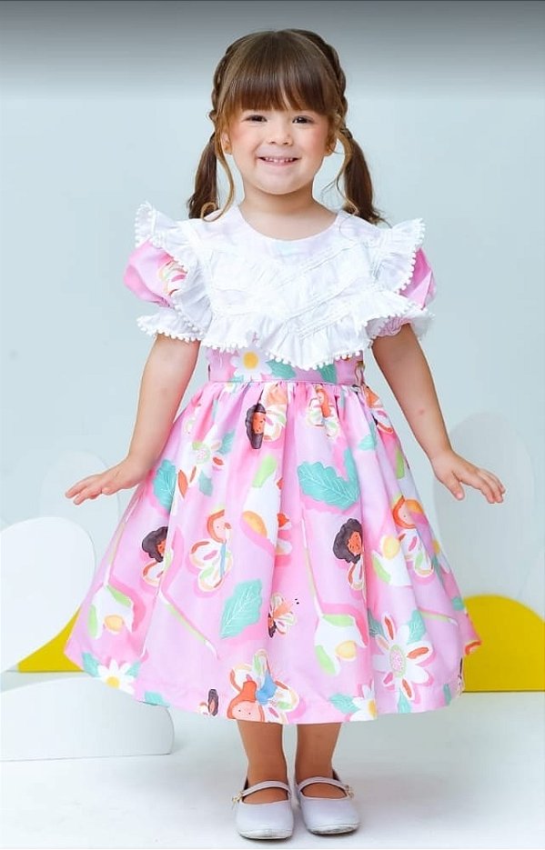 Vestido Infantil Rosa Fada Luxo Renascença