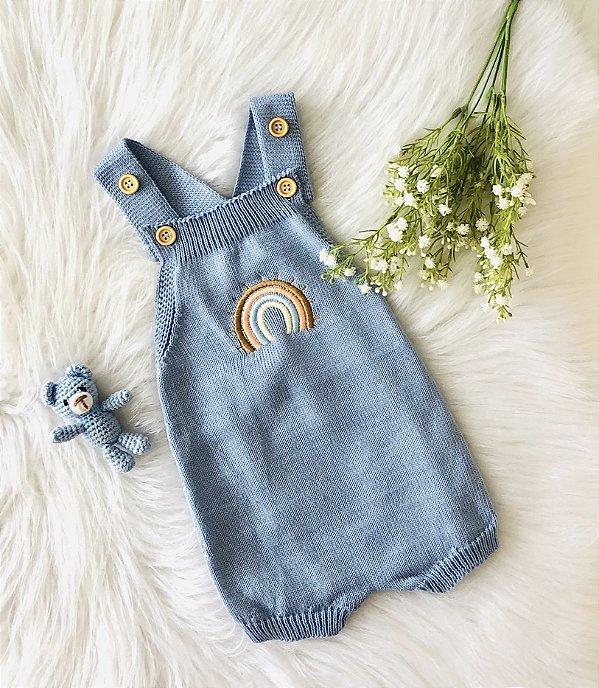 Romper de Tricô Bordado Arco Iris Azul