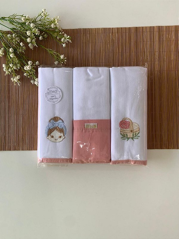 Kit Cueiro Flanela Bordado com 3 Peças Camponesa Rose