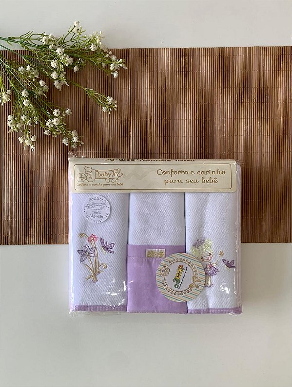 Kit Cueiro Flanela Bordado com 3 Peças Borboleta Lilás