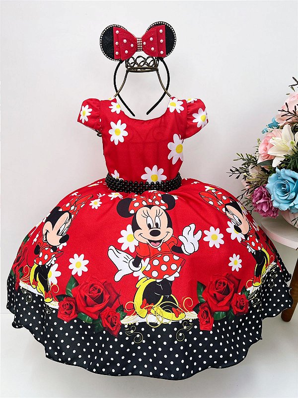 Vestido de Festa Infantil Minnie Vermelha Florido