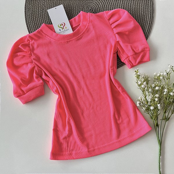 Blusa Manga Princesa Cotelê Pink Neon