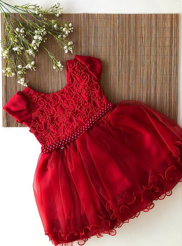 Vestido Baby Vermelho Renda com Pérolas
