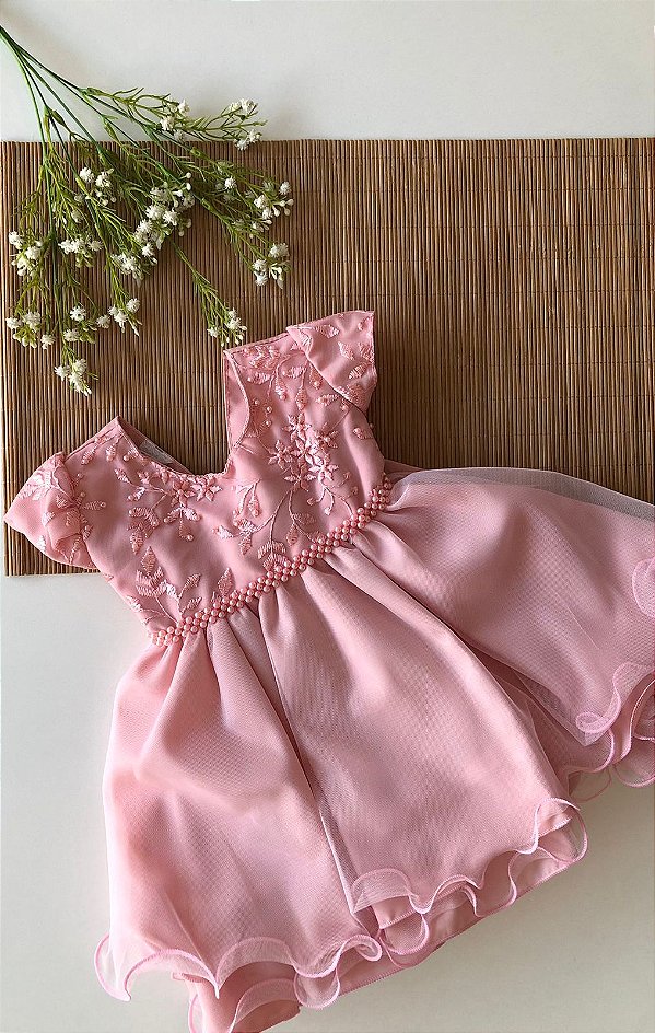 Vestido Baby Renda Strass Rose