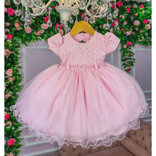 Vestido Baby Rosa de Renda e Tule