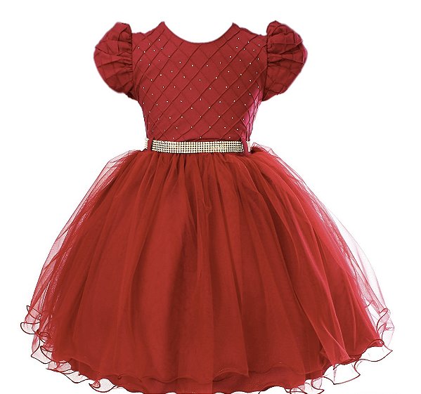 Vestido Infantil Vermelho Nervuras Strass