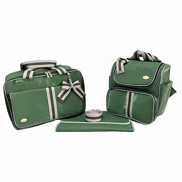 Kit Bolsa Maternidade Luz Verde Militar com fitas Listras Cinza
