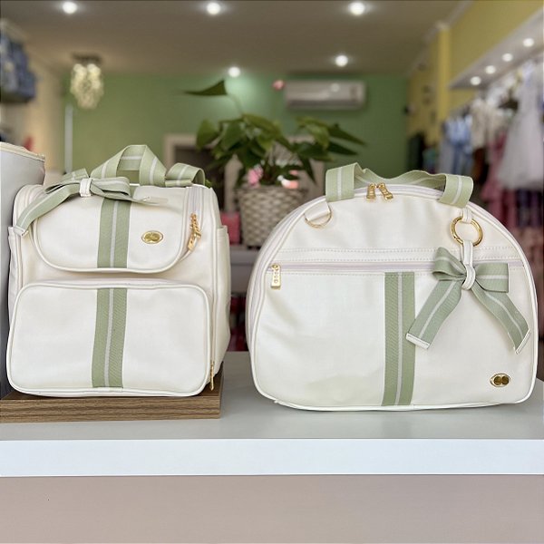 Kit Bolsa Maternidade com mochila Premium Bege com Verde Bebê