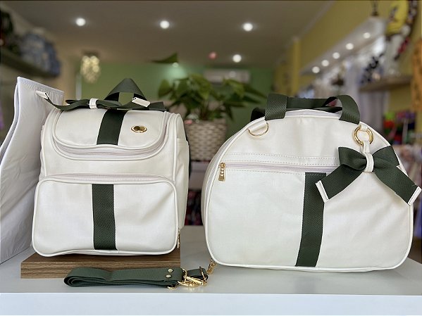 Kit Bolsa Maternidade com mochila Premium Bege com Verde Militar