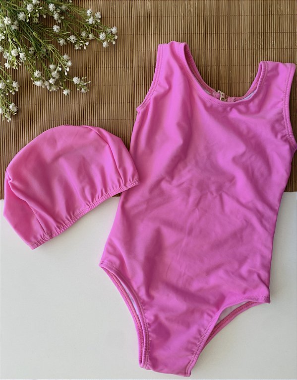 Maiô Infantil com Touca Rosa