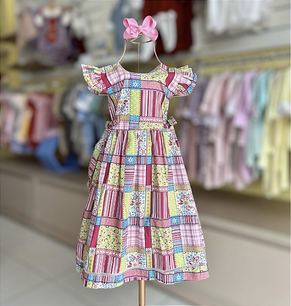 Vestido Ponto Palito Rosangela Xadrez Rosa e Verde