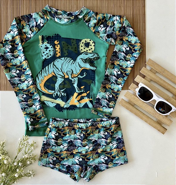 Roupa de Banho Infantil Dinossauro Verde Bandeira