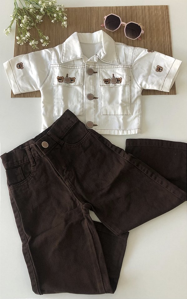 Conjunto Jeans Com Calca Urso Marrom