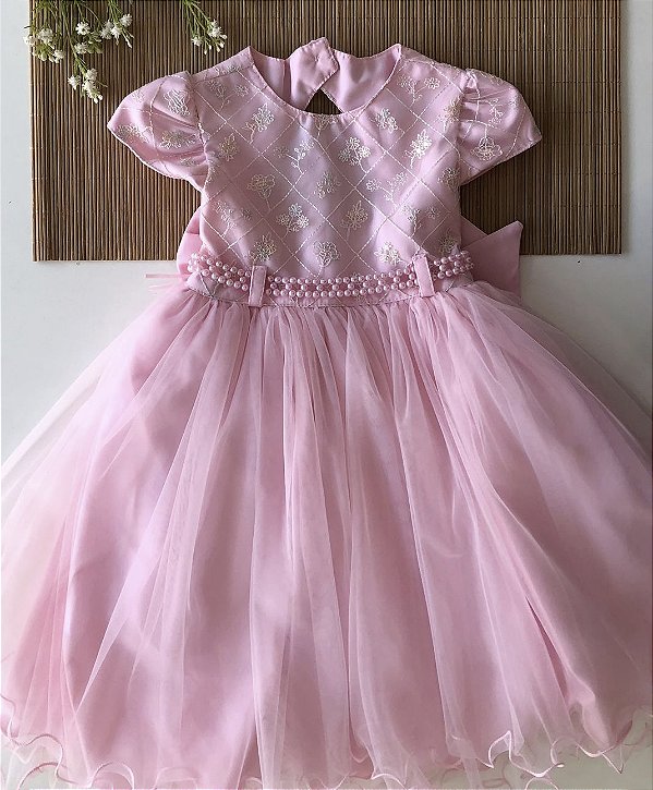 Vestido Infantil de Festa Rosa Bordado