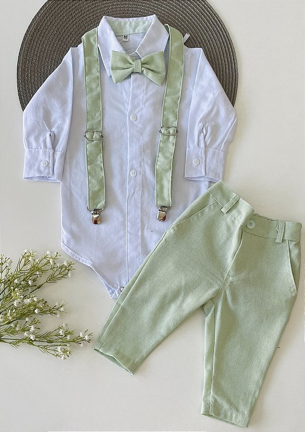 Conjunto Esporte Fino Infantil Branco com Verde Hortelã