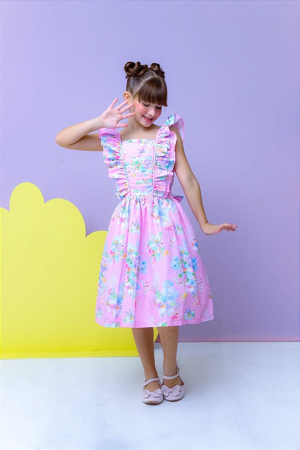 Vestido Infantil Rosa Floral Babados