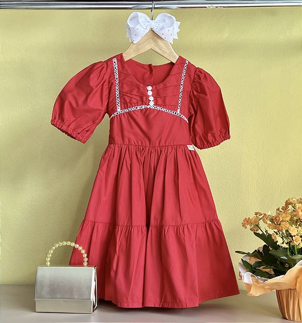 Vestido Infantil Vermelho Ponto Palito Peito