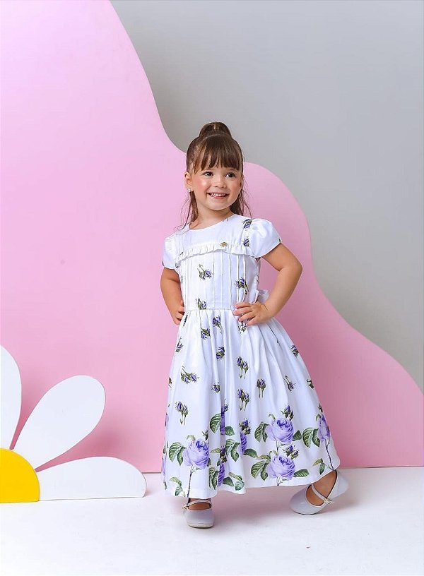 Vestido Infantil Floral Branco com Lilás