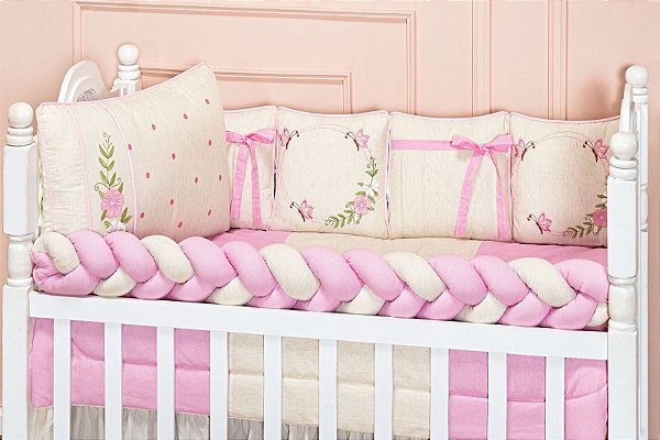 Kit Berço 11 Peças Com Trança Flor Encanto Linho Rosa