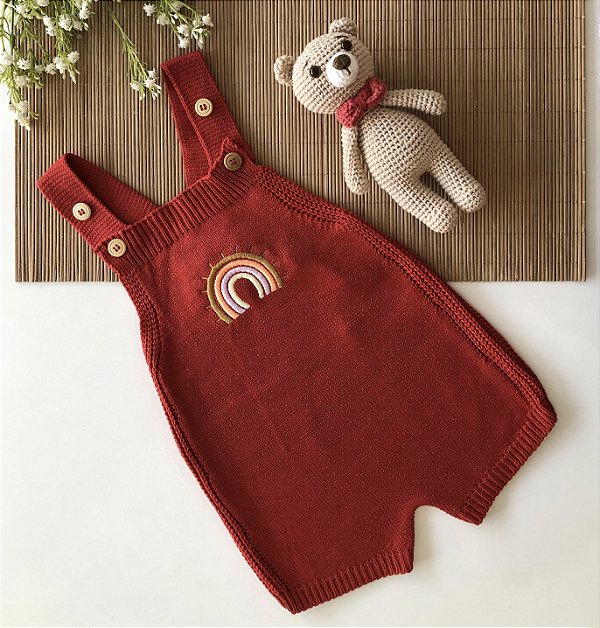 Romper de Tricô Bordado Arco Iris Vermelho