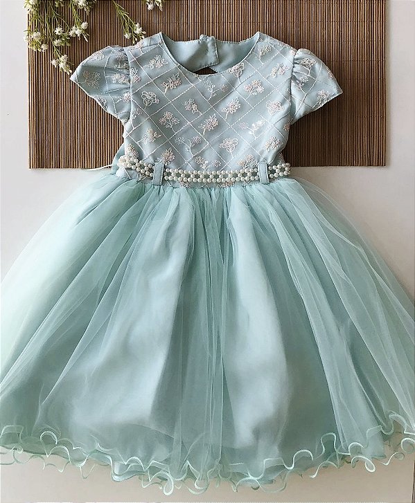 Vestido Infantil Verde Tifany Bordado