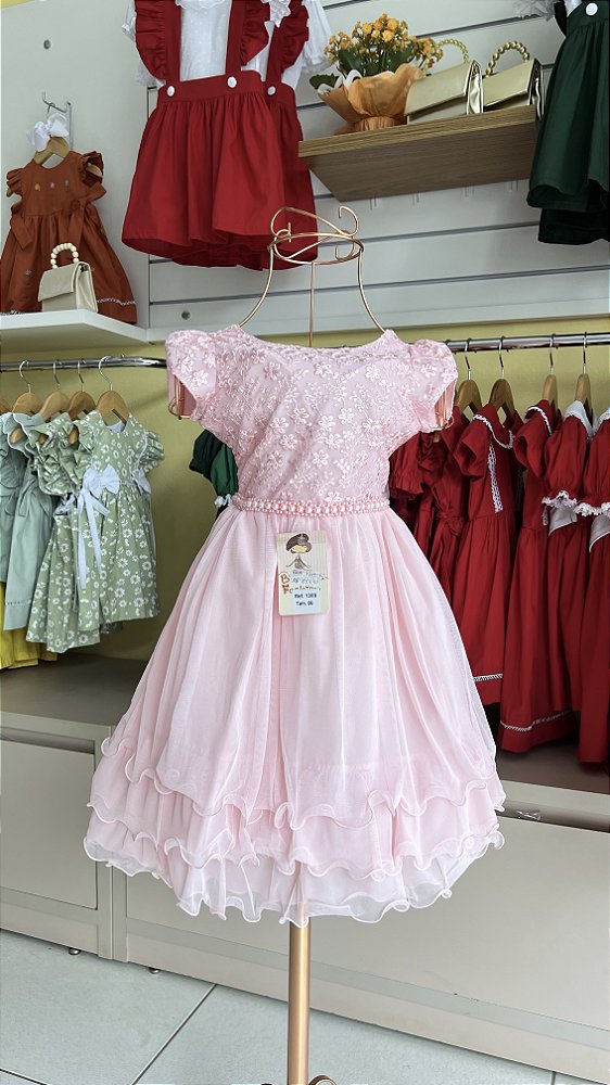 Vestido Infantil Rosa de Tule e renda rosa Candy