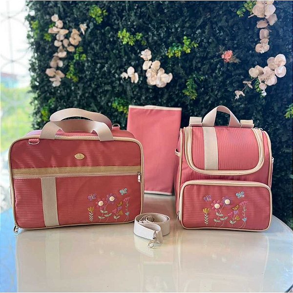 Kit Bolsa Maternidade Jasmim Jardim Bordada Goiaba