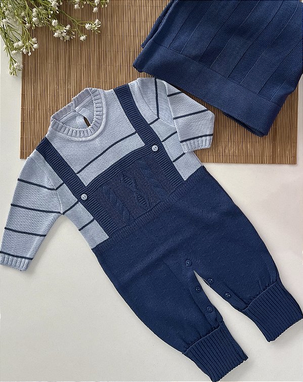 Saída Maternidade de Tricô Jardineira Azul Jeans