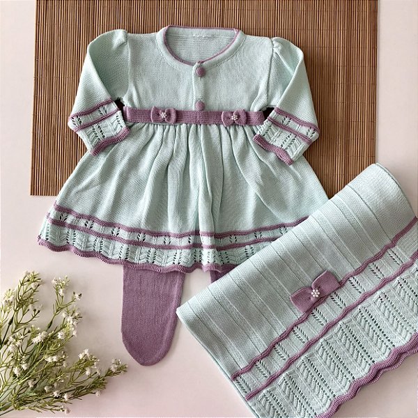 Saída de Maternidade de Tricô Sofia Verde Tifanny com Lilás