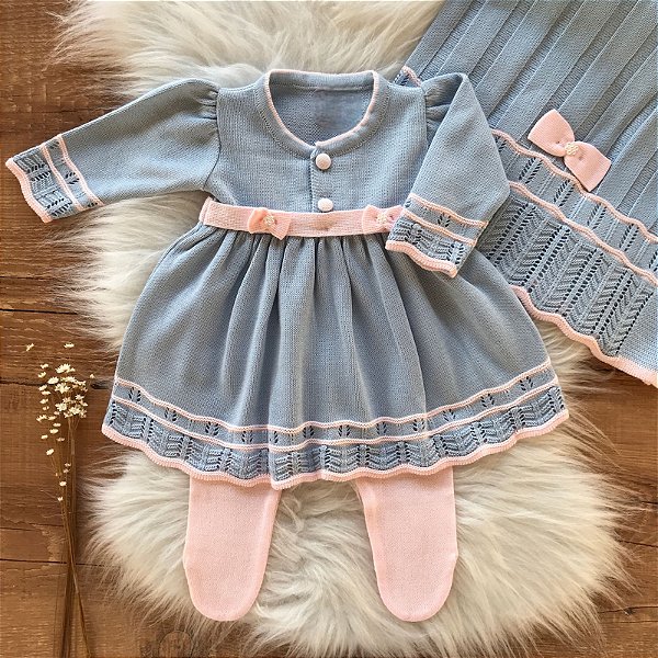 Saída de Maternidade de Tricô Sofia Azul com Rosa