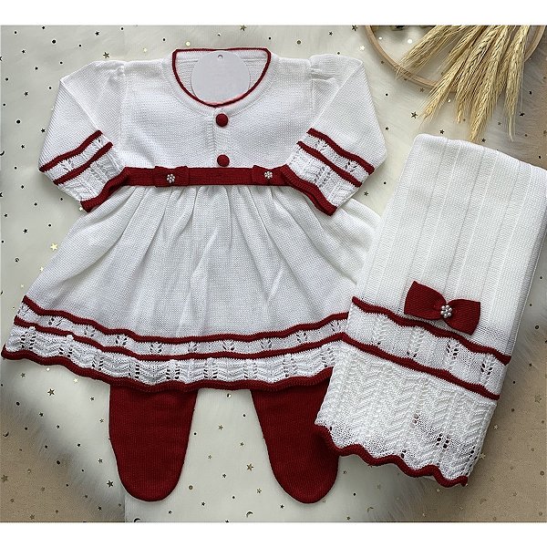 Saída de Maternidade de Tricô Sofia Branca com Vermelho