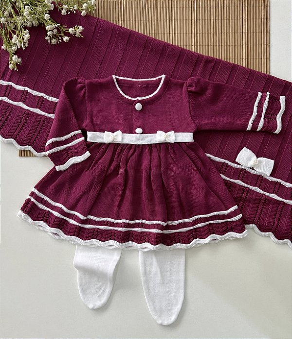 Saída de Maternidade de Tricô Sofia Fuscia com Branco