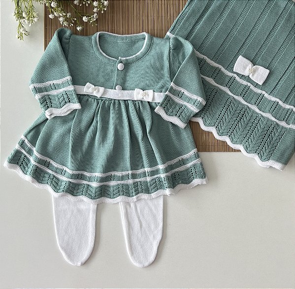 Saída de Maternidade de Tricô Sofia Verde Meré com Branco