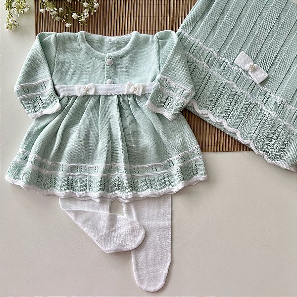 Saída de Maternidade de Tricô Sofia Verde Geleira Com Branco