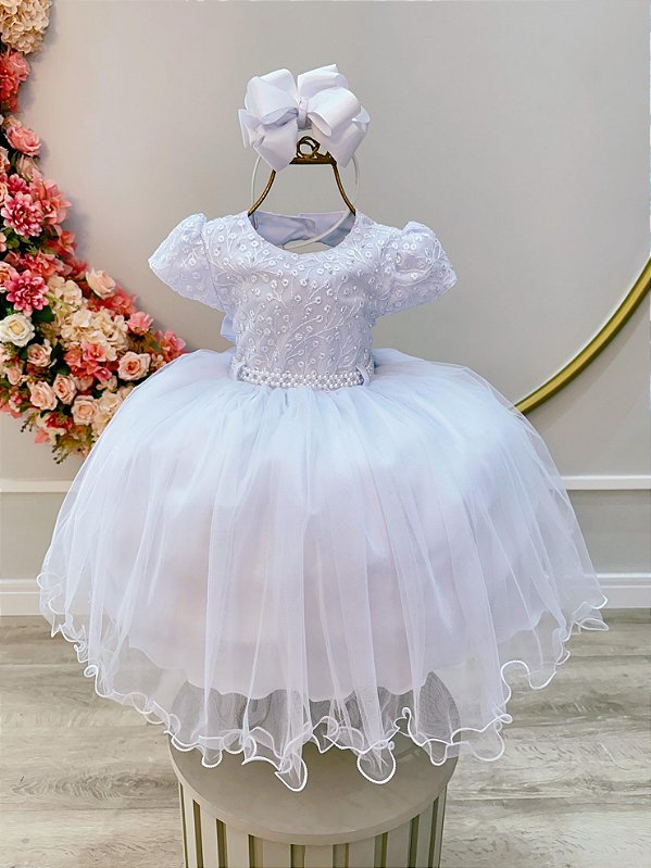 Vestido de Festa Infantil Branco Batizado Daminhas