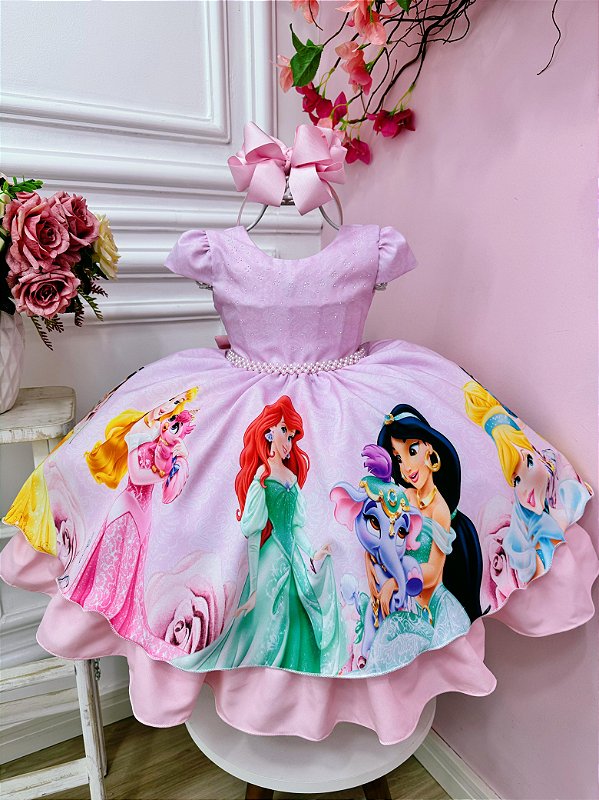 Vestido Infantil Princesas Disney Rosa com Strass