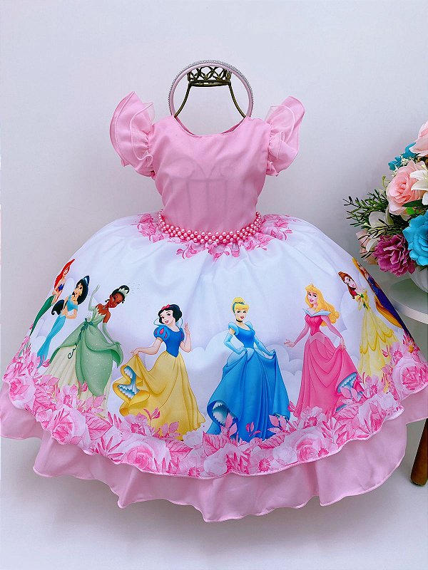 Vestido Infantil Princesas Rosa Disney Com Tiara