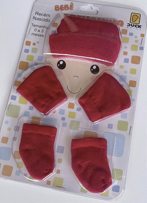 Kit Touca Luva e Meia Bebê Vermelha 0 a 3 meses